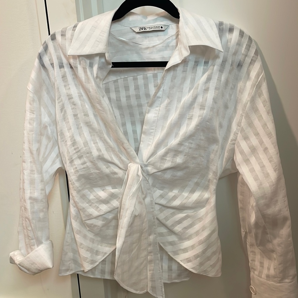 Zara White Semi-Sheer Striped Tie-Front Blouse